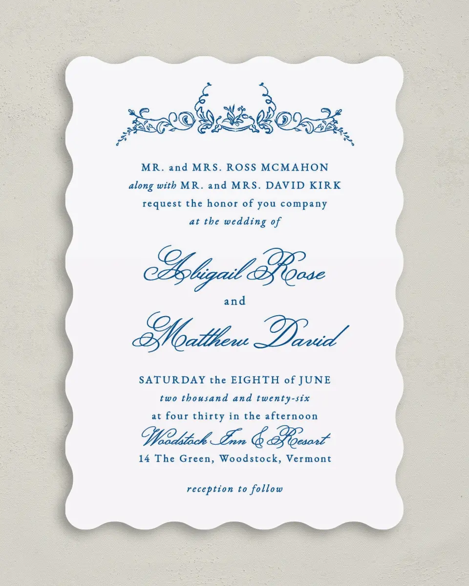 This is a 5" x 7" Wavy Wedding Invitation called Ornamental Elegance printed in full color on Premium Smooth paper