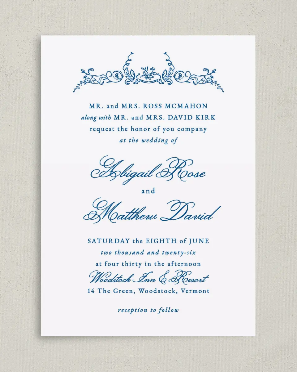 This is a 5" x 7" Classic Wedding Invitation called Ornamental Elegance printed in full color on Premium Smooth paper