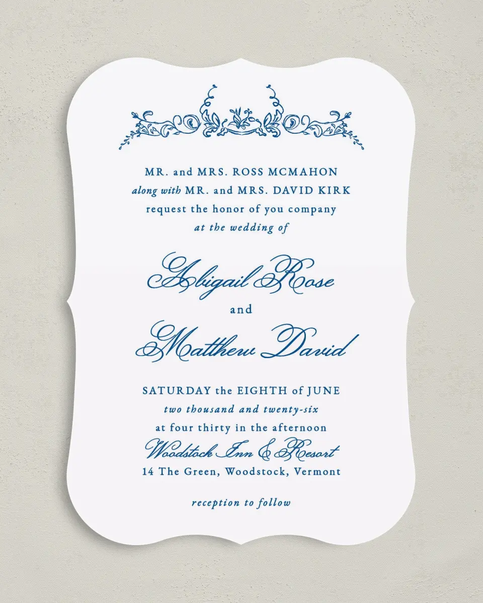 This is a 5" x 7" Bracket Wedding Invitation called Ornamental Elegance printed in full color on Premium Smooth paper