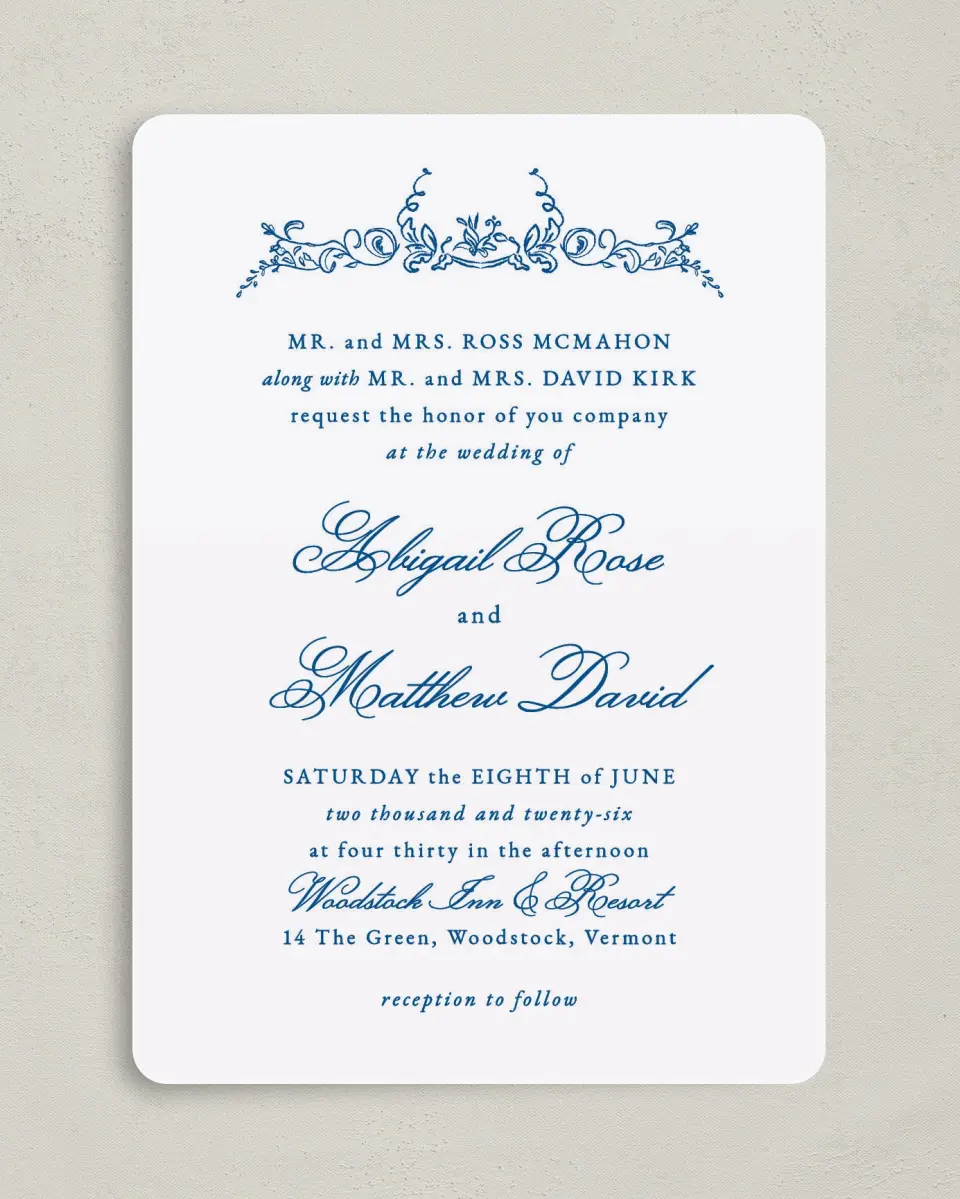 This is a 5" x 7" Rounded Wedding Invitation called Ornamental Elegance printed in full color on Premium Smooth paper