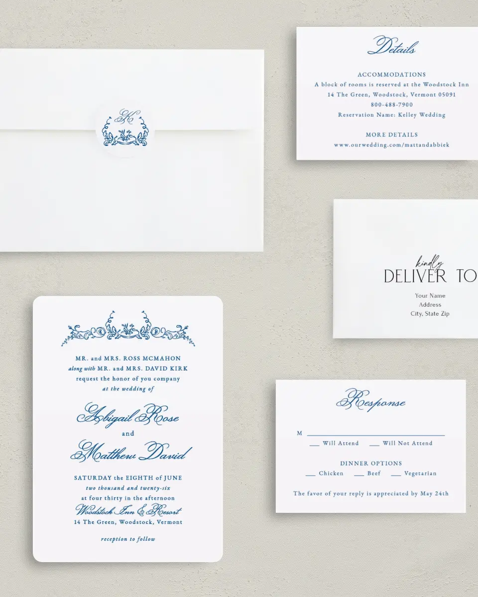 This is a 5" x 7" Rounded Wedding Invitation called Ornamental Elegance printed in full color with Rose Gold foil on Luxe Satin (coated) paper