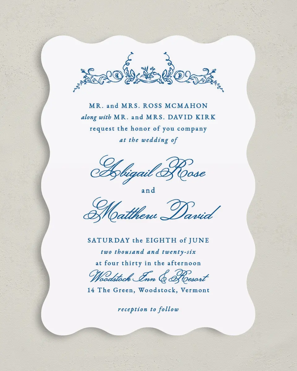 This is a 5" x 7" Wavy Wedding Invitation called Ornamental Elegance printed in full color on Premium Smooth paper