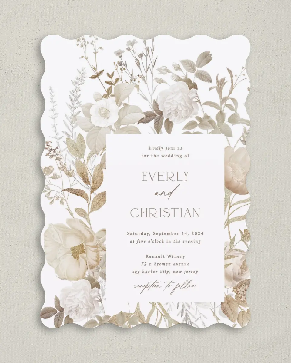 This is a 5" x 7" Wavy Wedding Invitation called The Everly printed in full color on Premium Smooth paper