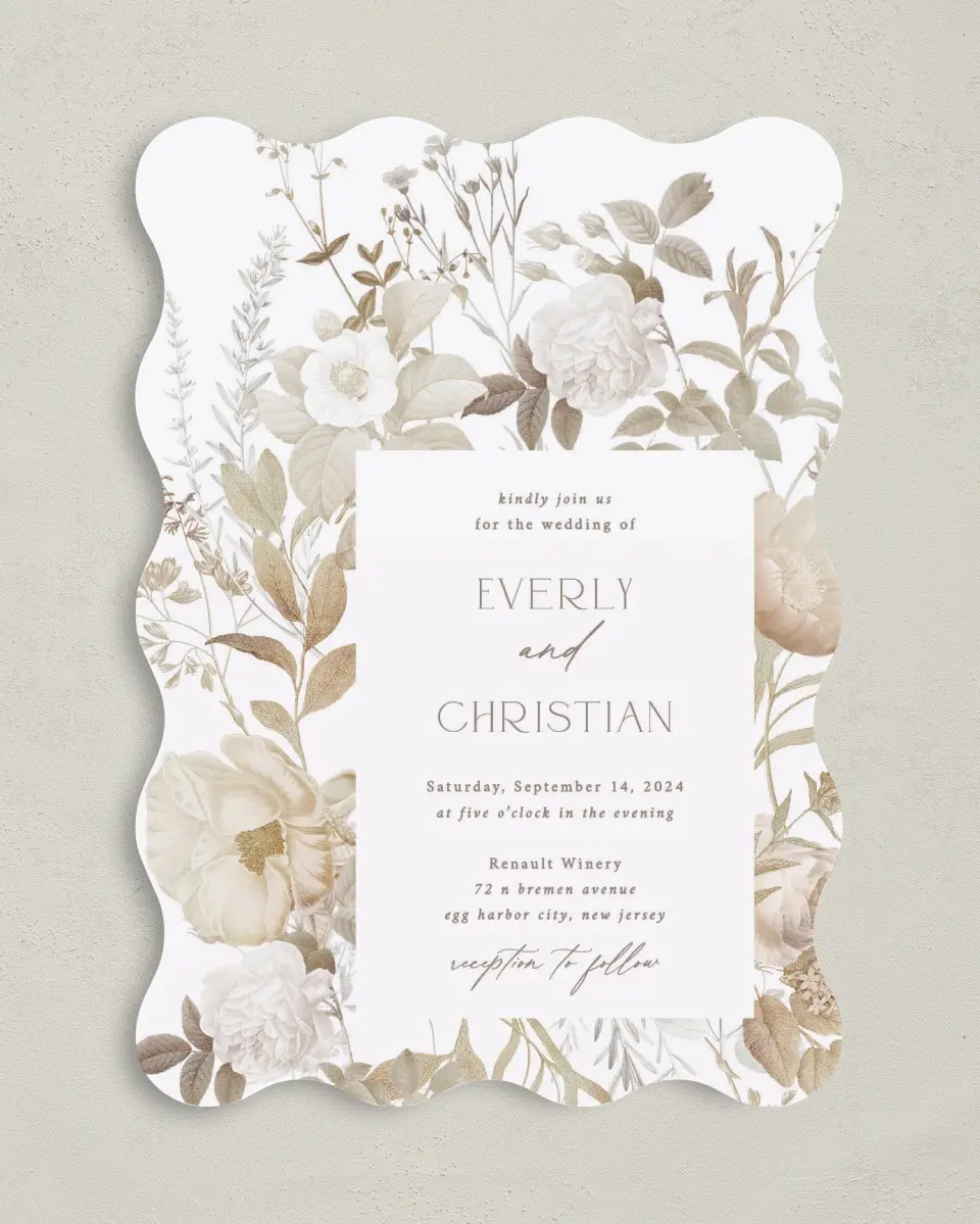 This is a 5" x 7" Wavy Wedding Invitation called The Everly printed in full color on Premium Smooth paper