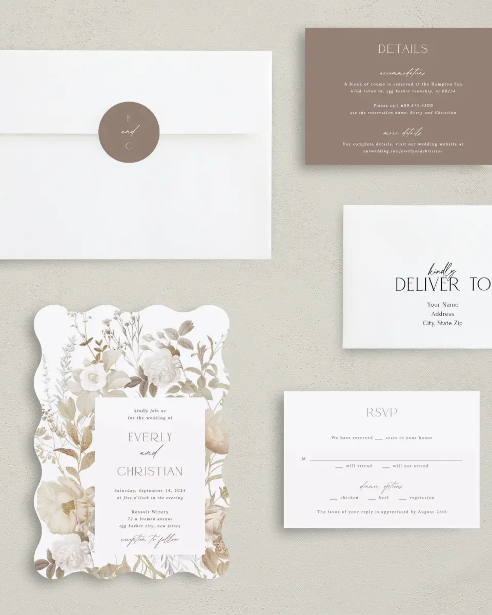 This is a 5" x 7" Wavy Wedding Invitation called The Everly printed in full color with Gold foil on Luxe Satin (coated) paper