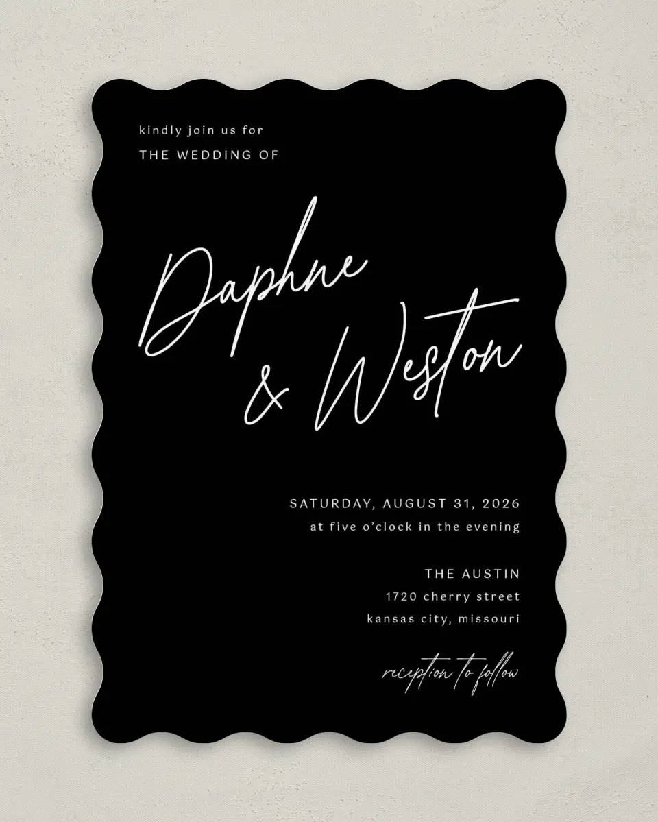 This is a 5" x 7" Wavy Wedding Invitation called Scripted Love printed in full color on Premium Smooth paper