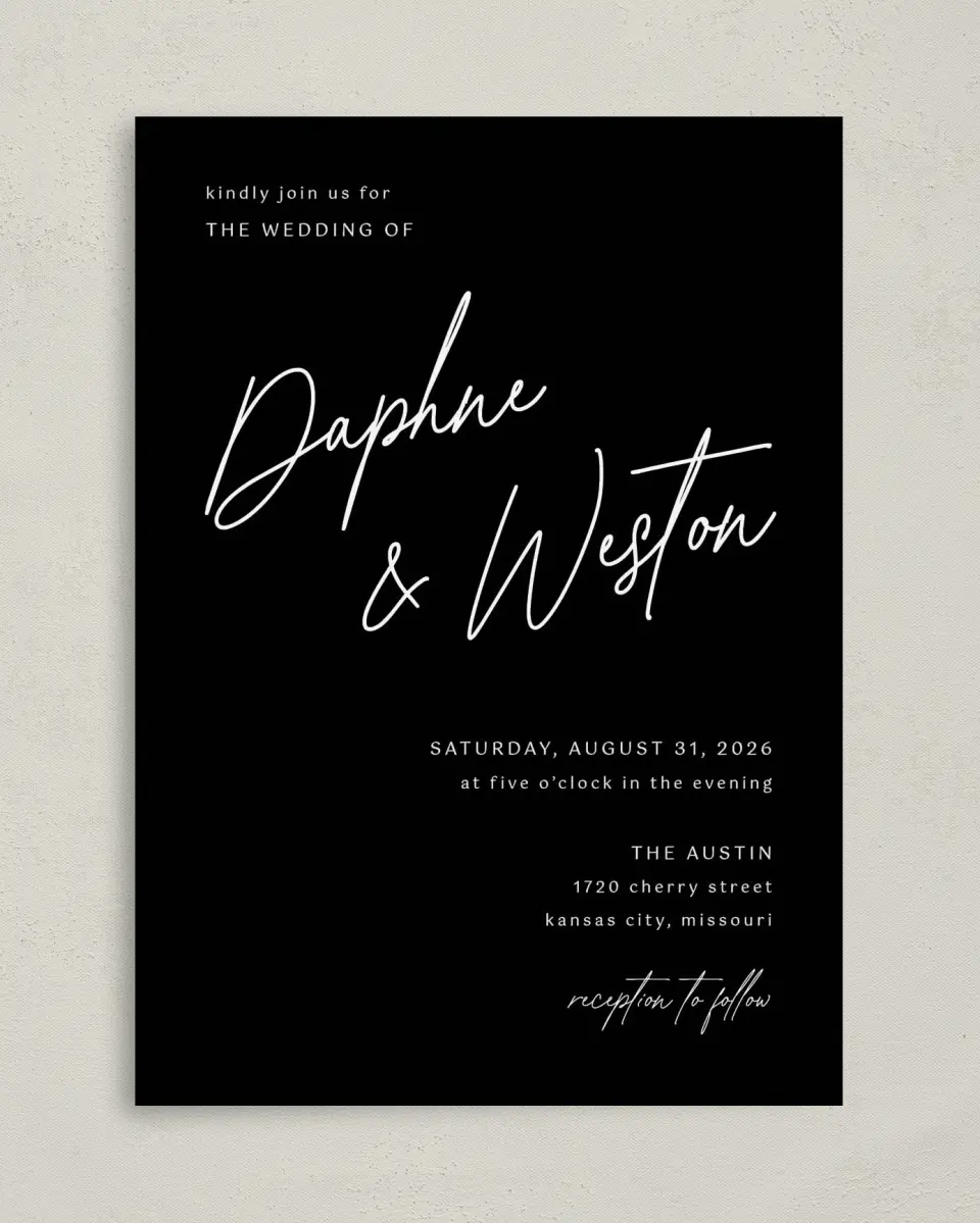 This is a 5" x 7" Classic Wedding Invitation called Scripted Love printed in full color on Premium Smooth paper