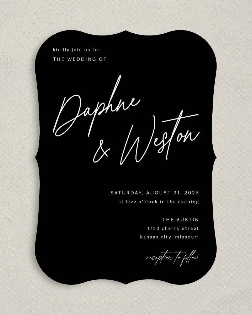 This is a 5" x 7" Bracket Wedding Invitation called Scripted Love printed in full color with Silver foil on Luxe Satin (coated) paper