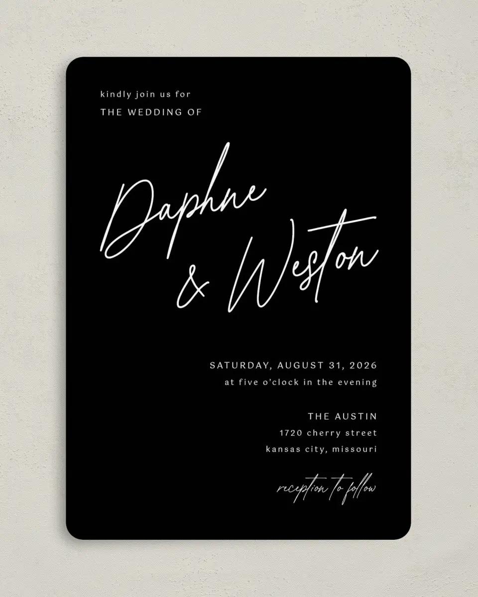 This is a 5" x 7" Rounded Wedding Invitation called Scripted Love printed in full color on Premium Smooth paper