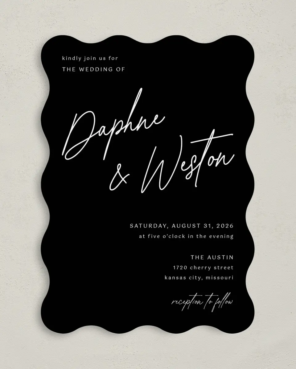 This is a 5" x 7" Wavy Wedding Invitation called Scripted Love printed in full color on Premium Smooth paper