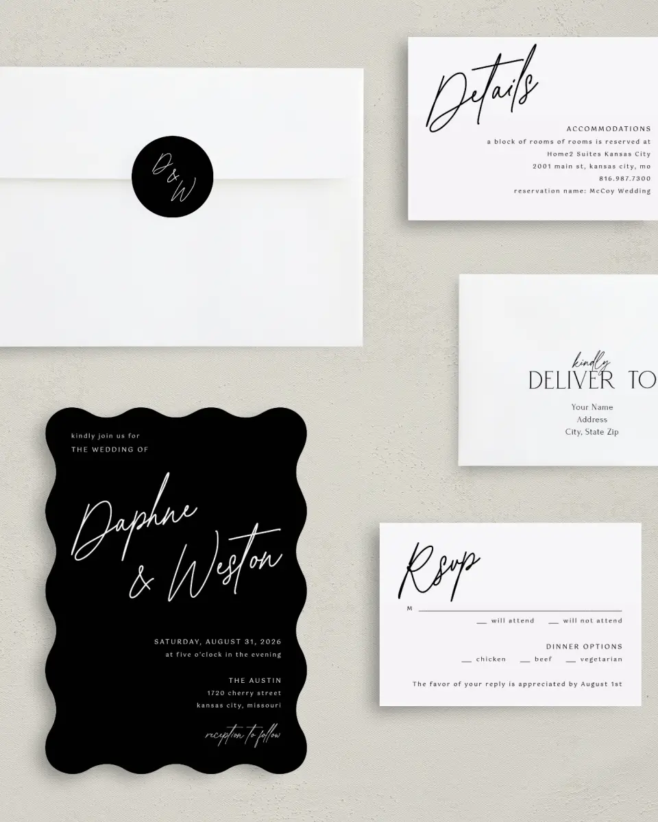 This is a 5" x 7" Wavy Wedding Invitation called Scripted Love printed in full color with Silver foil on Luxe Satin (coated) paper