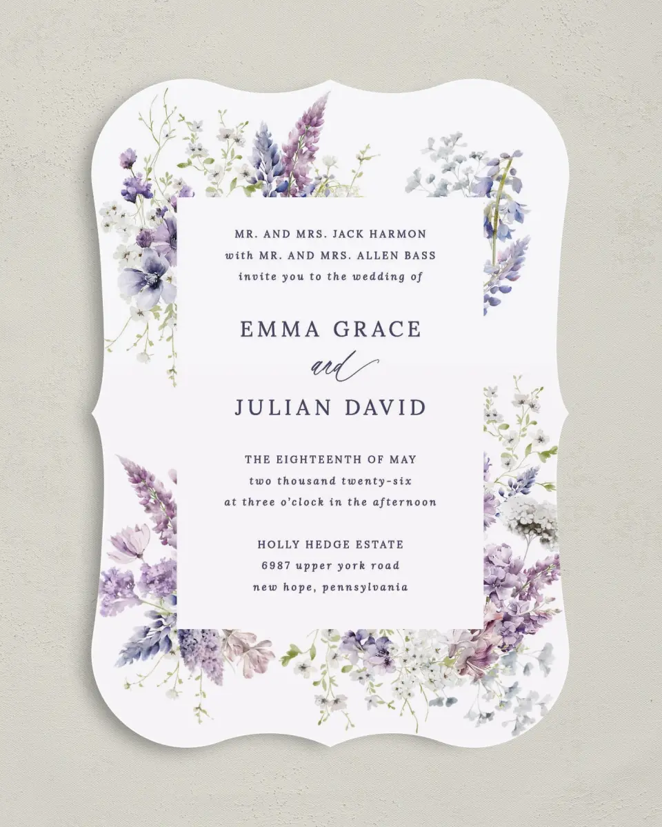 This is a 5" x 7" Bracket Wedding Invitation called Euphoric Frame printed in full color with Silver foil on Luxe Satin (coated) paper