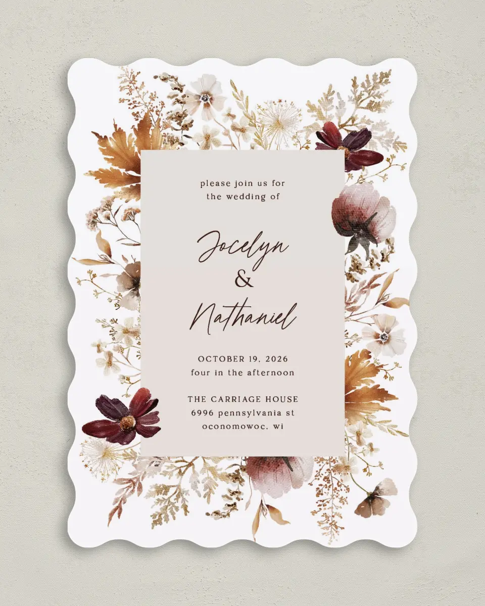 This is a 5" x 7" Wavy Wedding Invitation called Autumn Wildflowers printed in full color on Premium Smooth paper