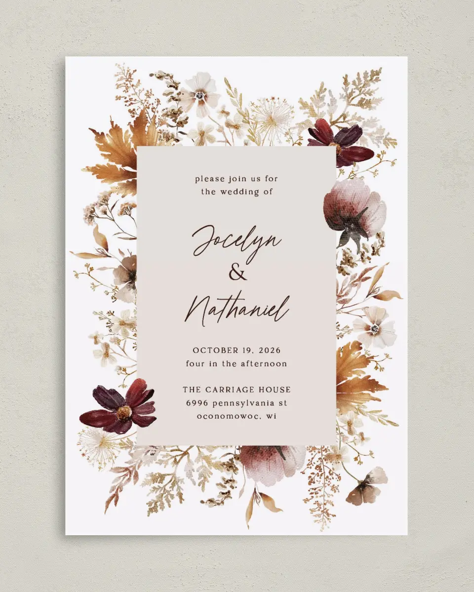 This is a 5" x 7" Classic Wedding Invitation called Autumn Wildflowers printed in full color on Premium Smooth paper