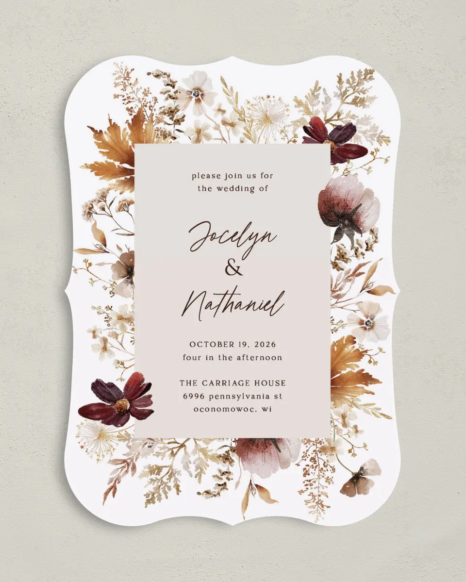 This is a 5" x 7" Bracket Wedding Invitation called Autumn Wildflowers printed in full color with Silver foil on Luxe Satin (coated) paper