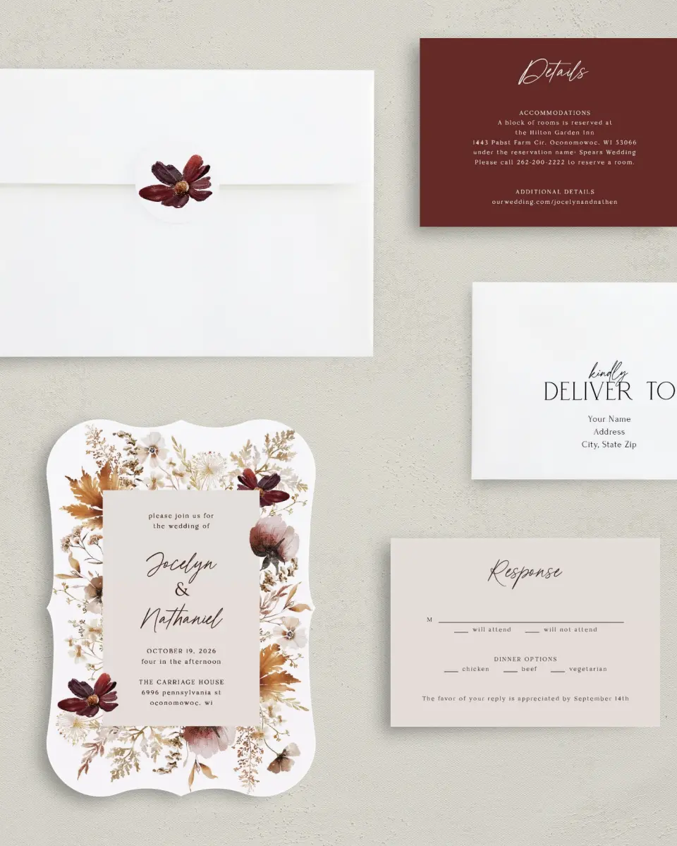 This is a 5" x 7" Bracket Wedding Invitation called Autumn Wildflowers printed in full color with Silver foil on Luxe Satin (coated) paper
