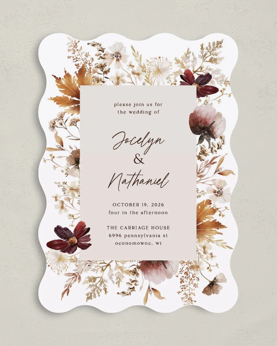 This is a 5" x 7" Wavy Wedding Invitation called Autumn Wildflowers printed in full color with Silver foil on Luxe Satin (coated) paper