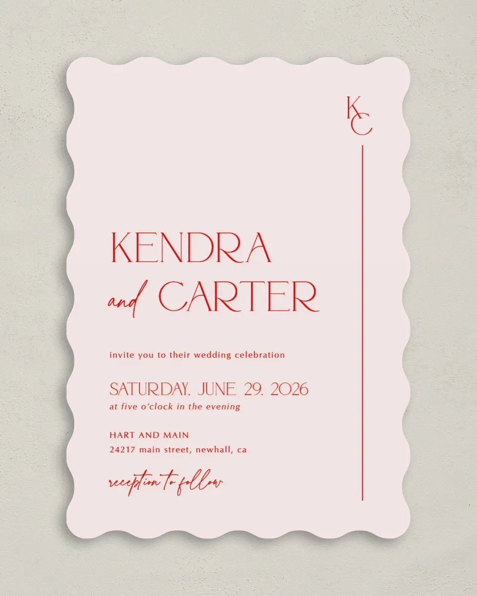 This is a 5" x 7" Wavy Wedding Invitation called Initial Unity printed in full color on Premium Smooth paper