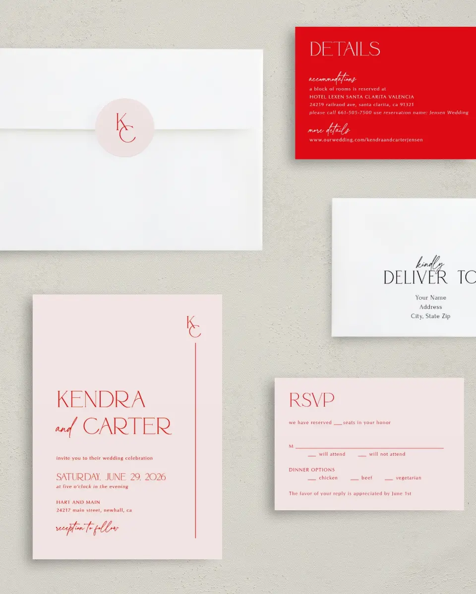 This is a 5" x 7" Classic Wedding Invitation called Initial Unity printed in full color with Rose Gold foil on Luxe Satin (coated) paper