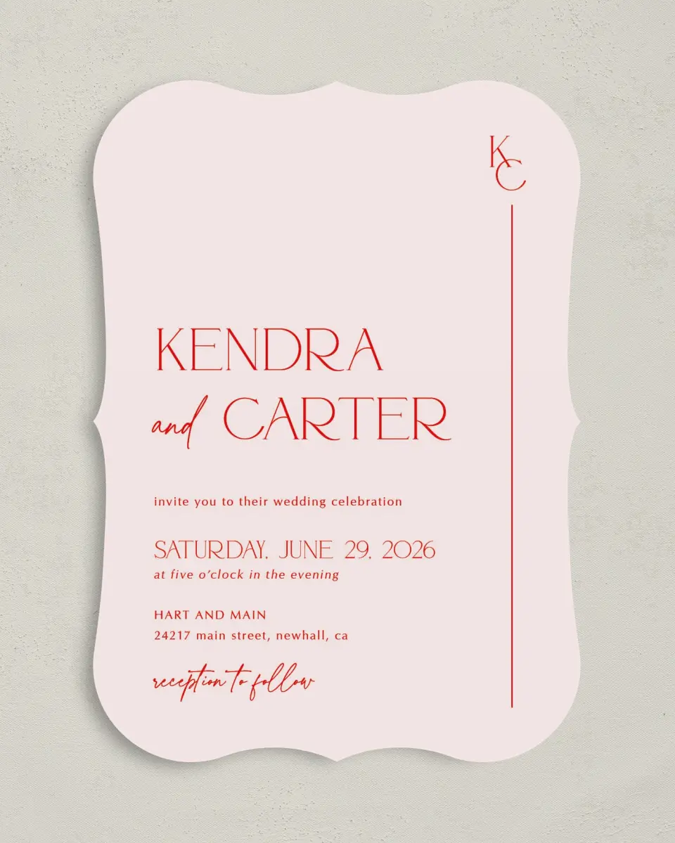 This is a 5" x 7" Bracket Wedding Invitation called Initial Unity printed in full color with Silver foil on Luxe Satin (coated) paper