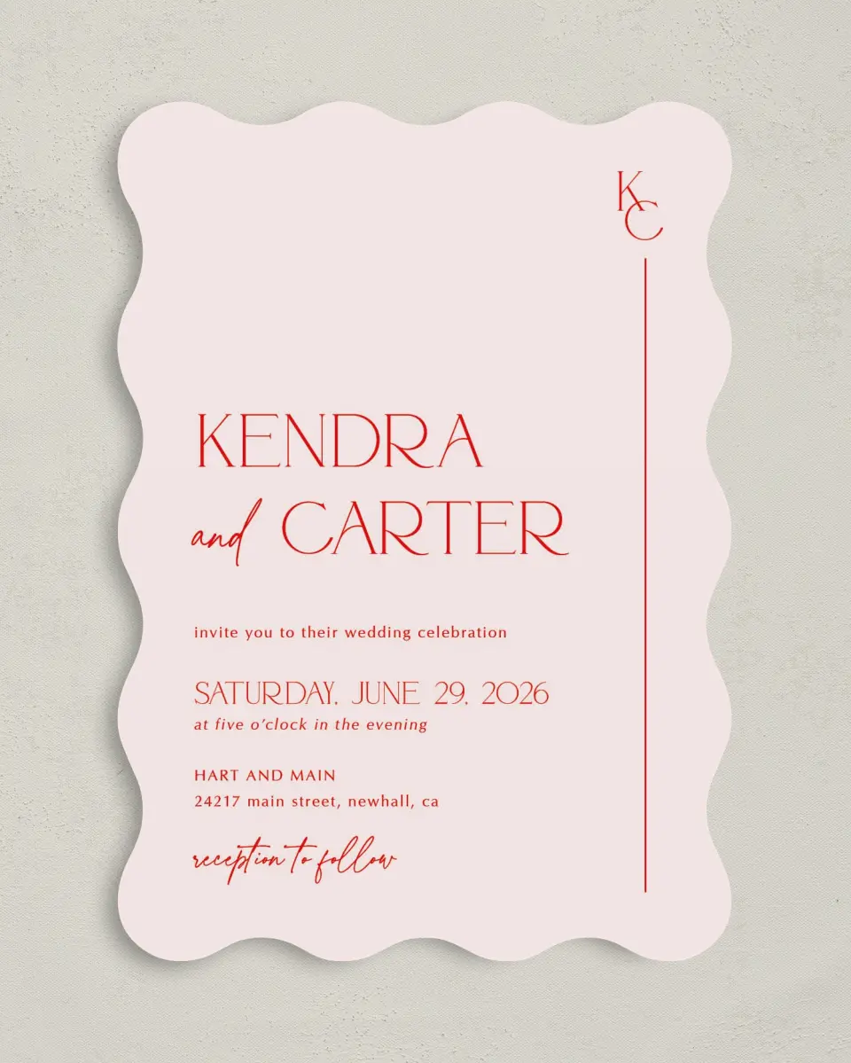 This is a 5" x 7" Wavy Wedding Invitation called Initial Unity printed in full color on Premium Smooth paper