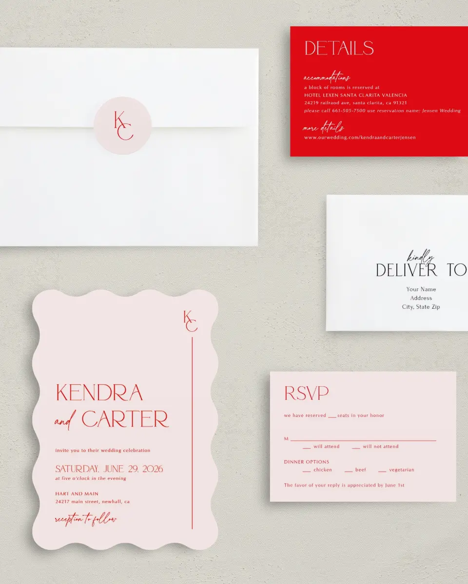 This is a 5" x 7" Wavy Wedding Invitation called Initial Unity printed in full color with Silver foil on Luxe Satin (coated) paper