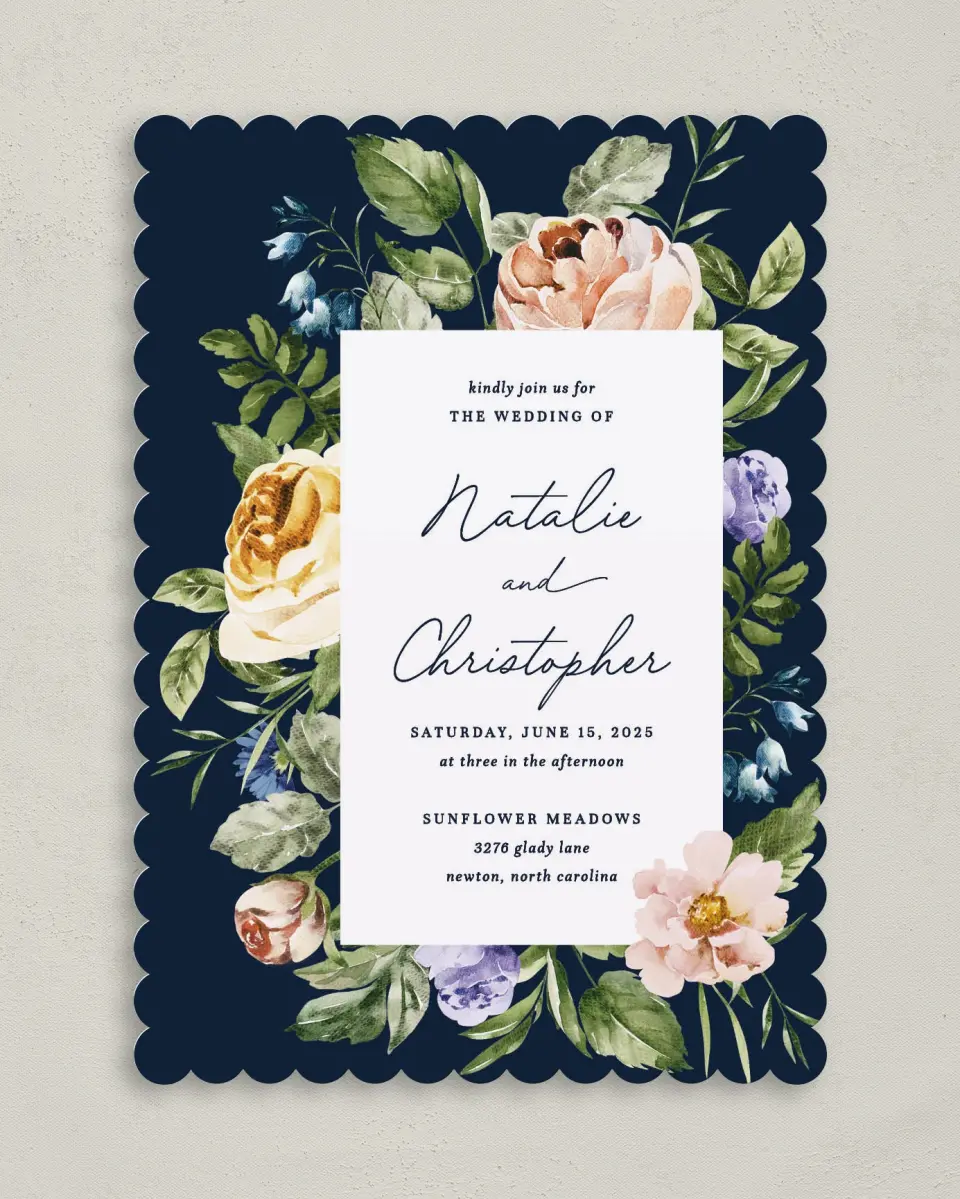 This is a 5" x 7" Classic Wedding Invitation called The Natalie printed in full color on Premium Smooth paper