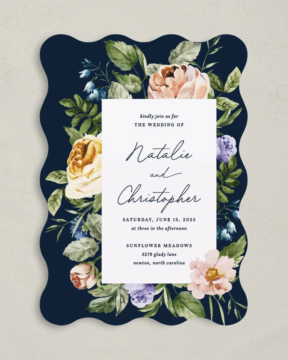 This is a 5" x 7" Wavy Wedding Invitation called The Natalie printed in full color on Premium Smooth paper