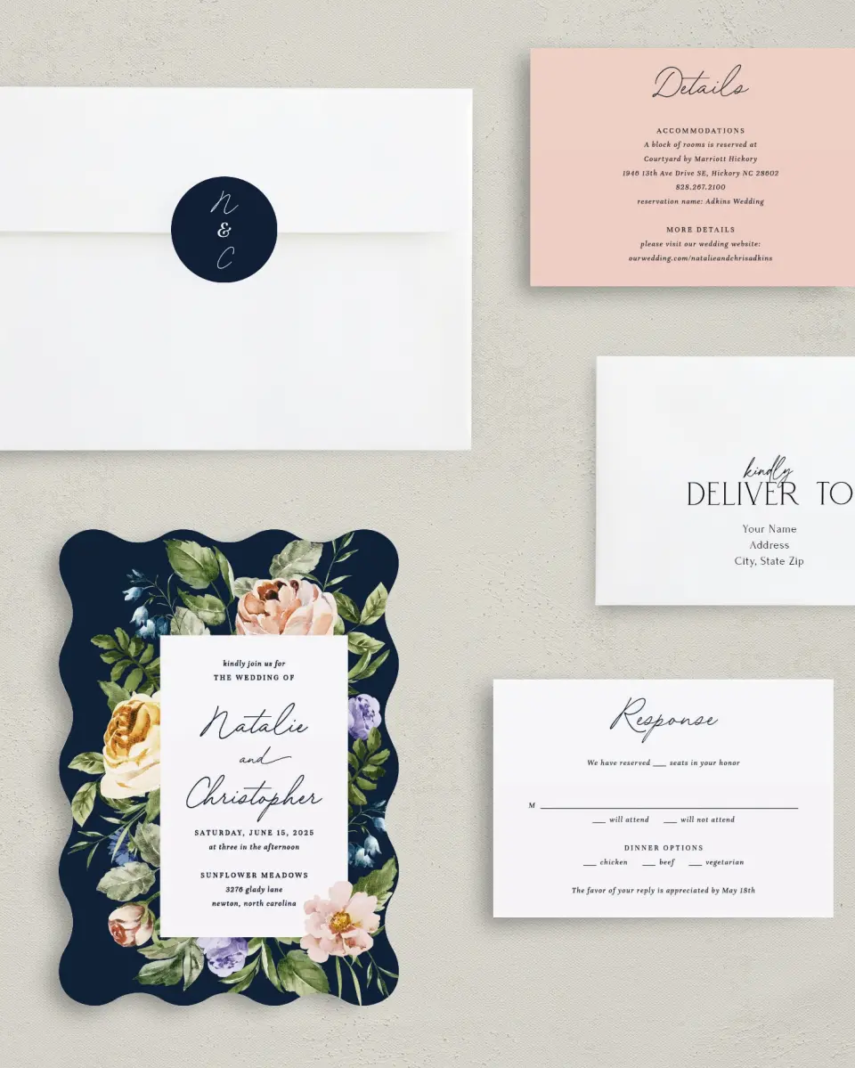 This is a 5" x 7" Wavy Wedding Invitation called The Natalie printed in full color with Gold foil on Luxe Satin (coated) paper