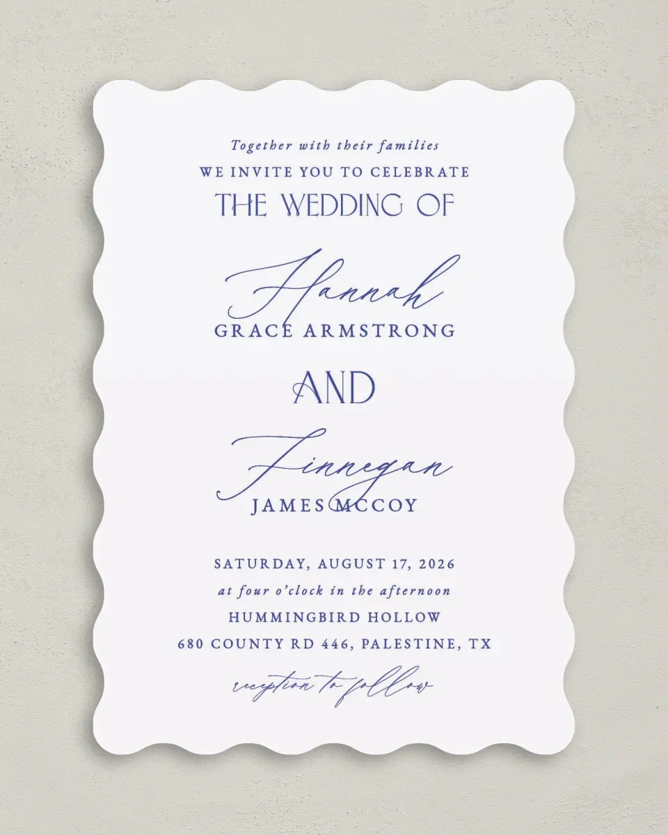 This is a 5" x 7" Wavy Wedding Invitation called Modern Chinoiserie printed in full color on Premium Smooth paper