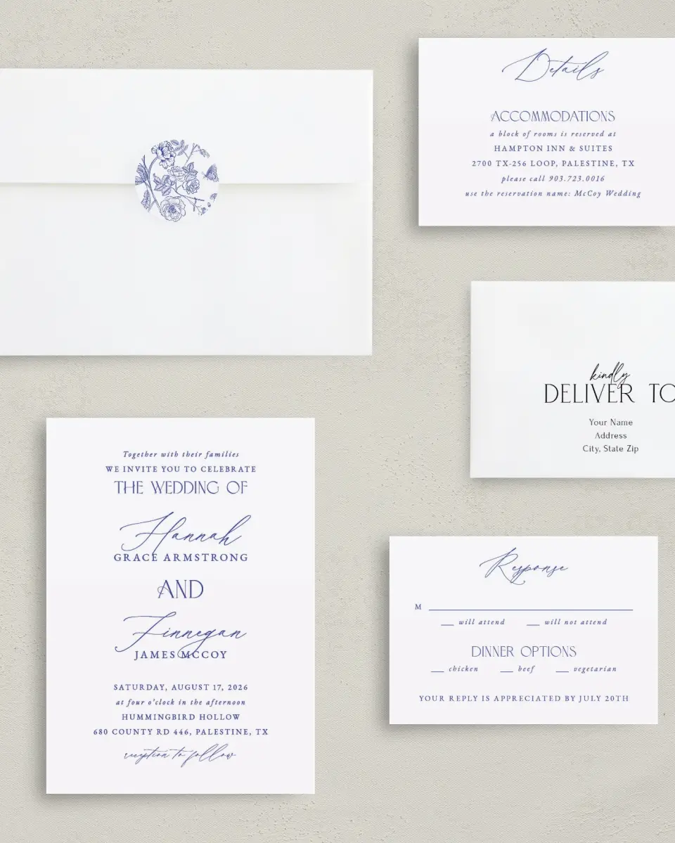 This is a 5" x 7" Classic Wedding Invitation called Modern Chinoiserie printed in full color with Gold foil on Luxe Satin (coated) paper