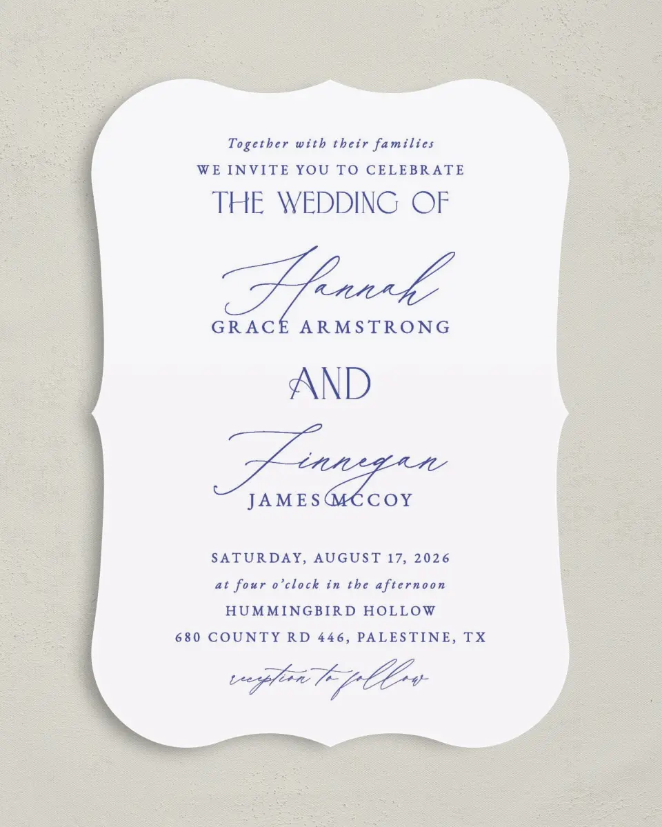 This is a 5" x 7" Bracket Wedding Invitation called Modern Chinoiserie printed in full color on Premium Smooth paper