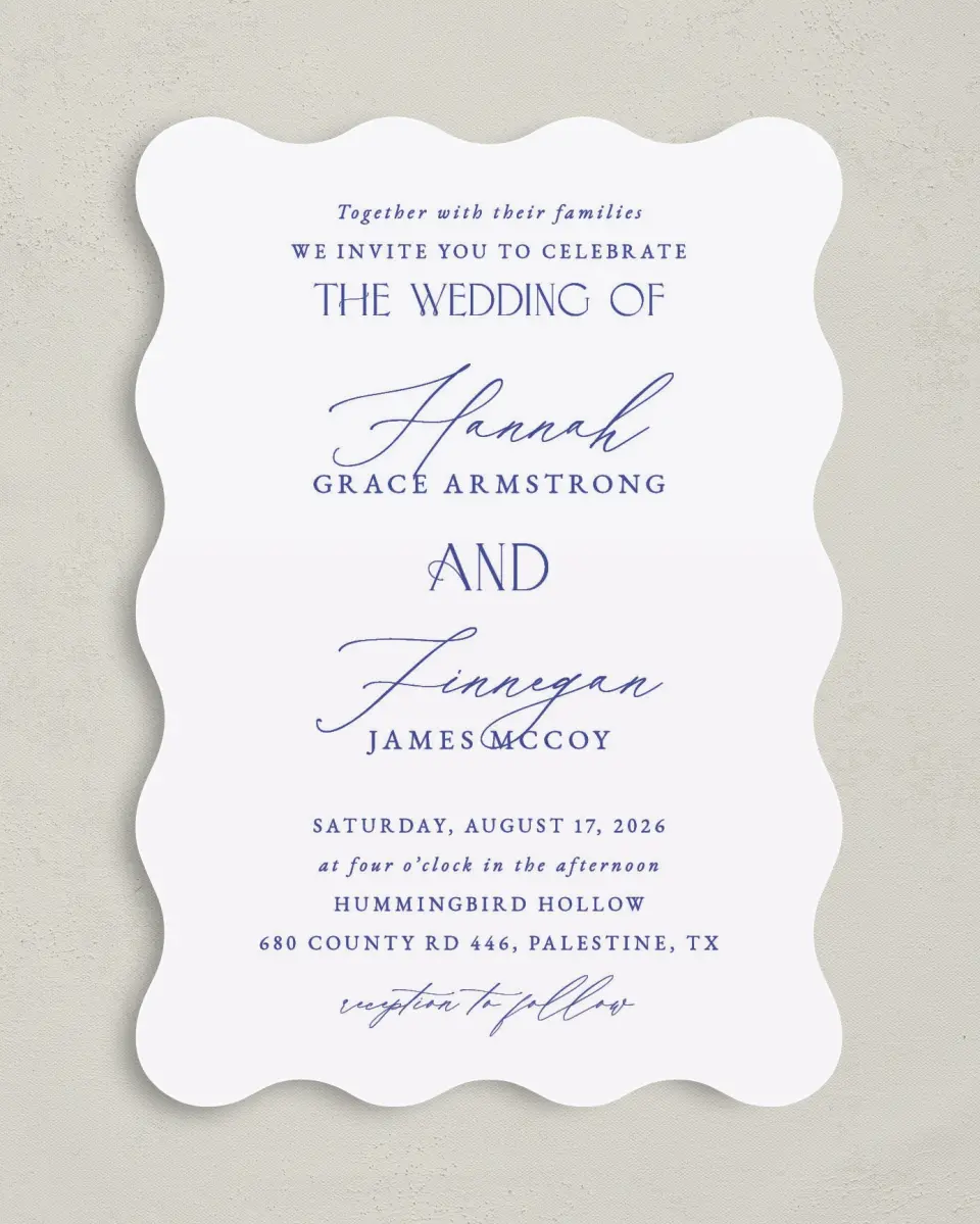 This is a 5" x 7" Wavy Wedding Invitation called Modern Chinoiserie printed in full color on Premium Smooth paper