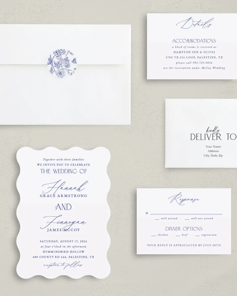 This is a 5" x 7" Wavy Wedding Invitation called Modern Chinoiserie printed in full color with Silver foil on Luxe Satin (coated) paper