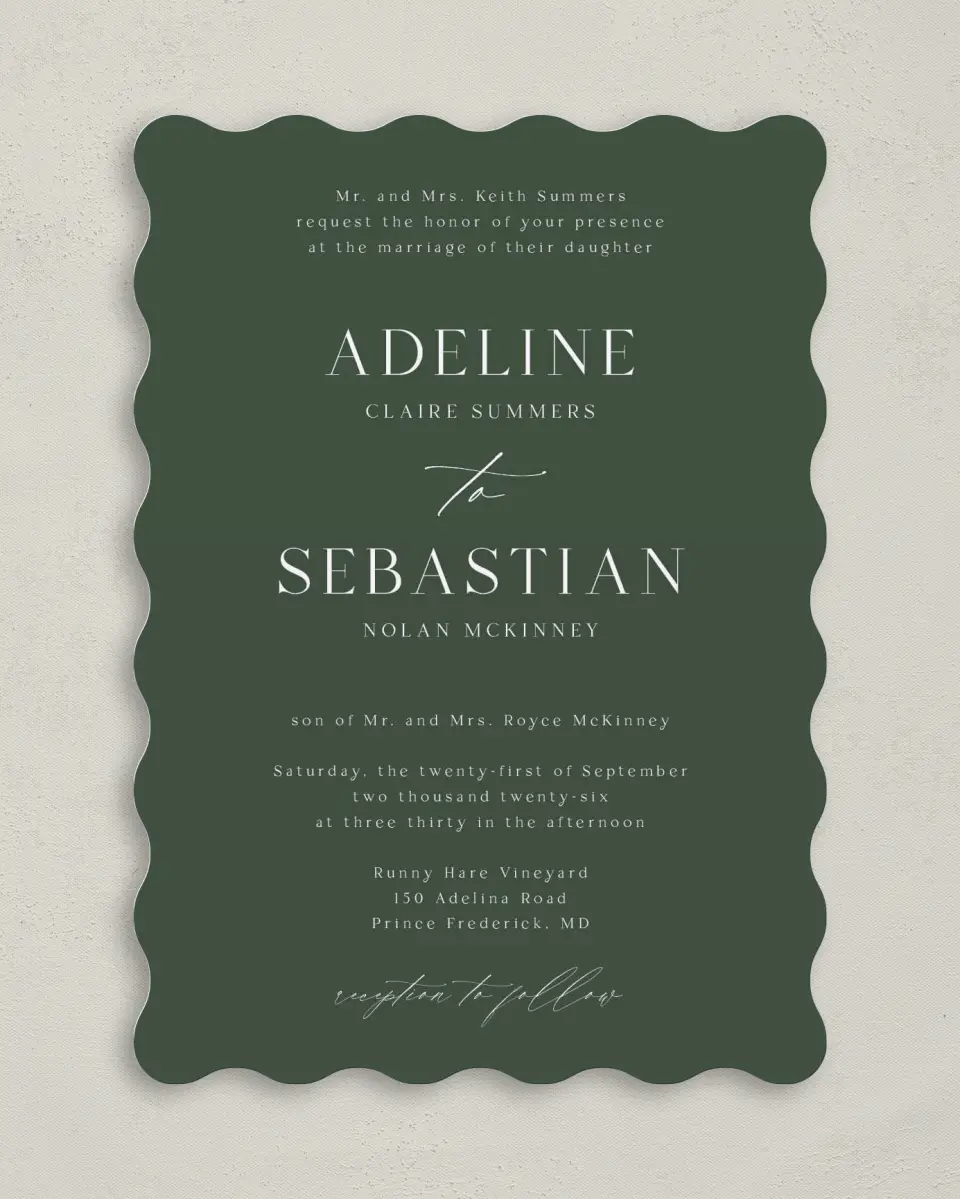 This is a 5" x 7" Wavy Wedding Invitation called True Tradition printed in full color on Premium Smooth paper