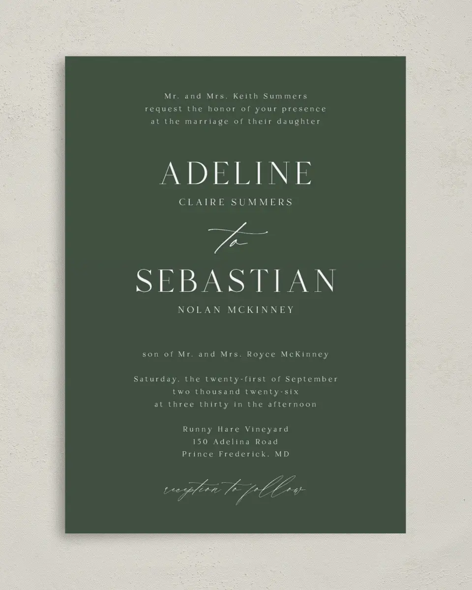 This is a 5" x 7" Classic Wedding Invitation called True Tradition printed in full color on Premium Smooth paper
