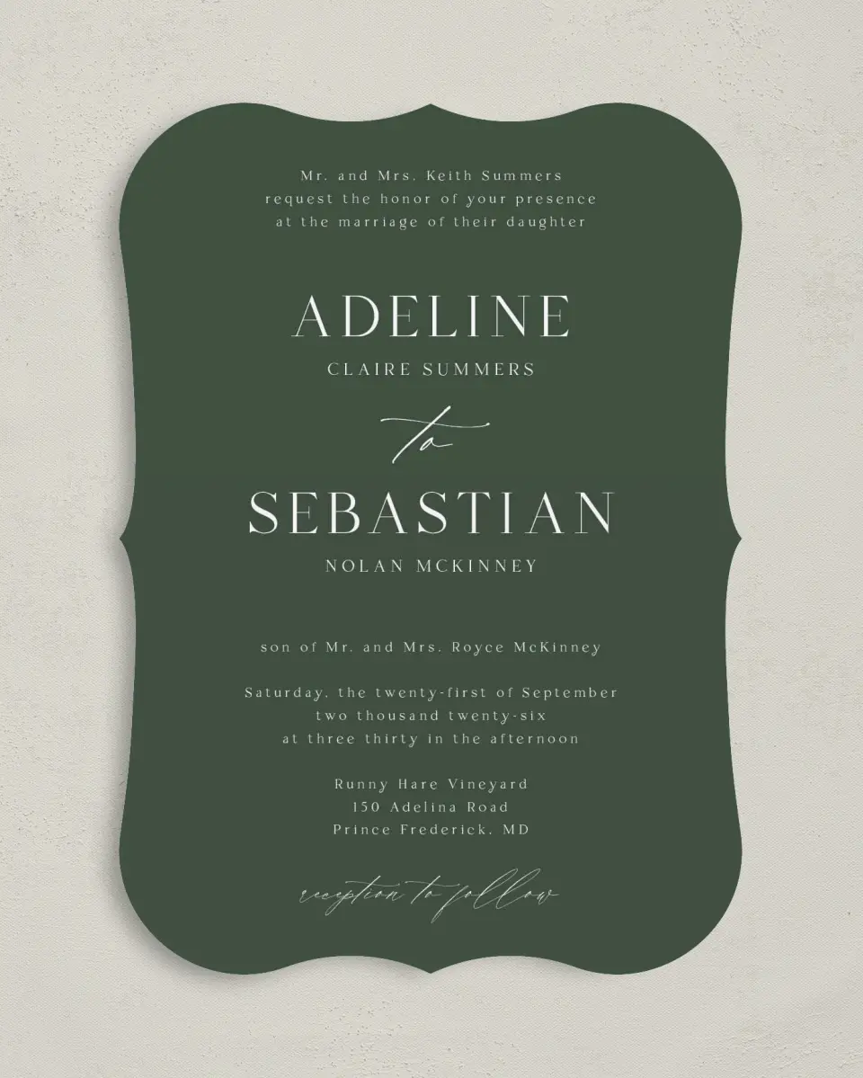 This is a 5" x 7" Bracket Wedding Invitation called True Tradition printed in full color on Premium Smooth paper
