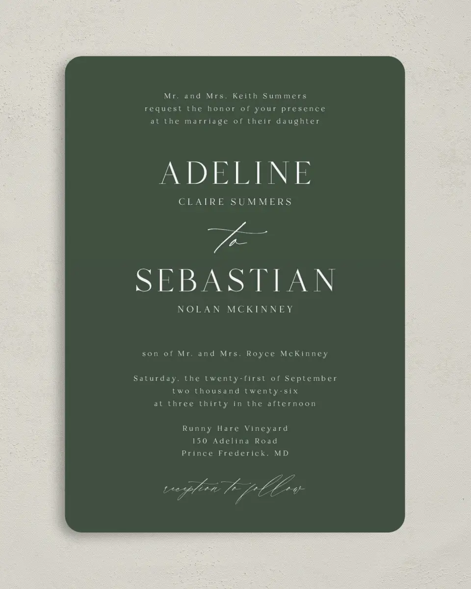 This is a 5" x 7" Rounded Wedding Invitation called True Tradition printed in full color on Premium Smooth paper
