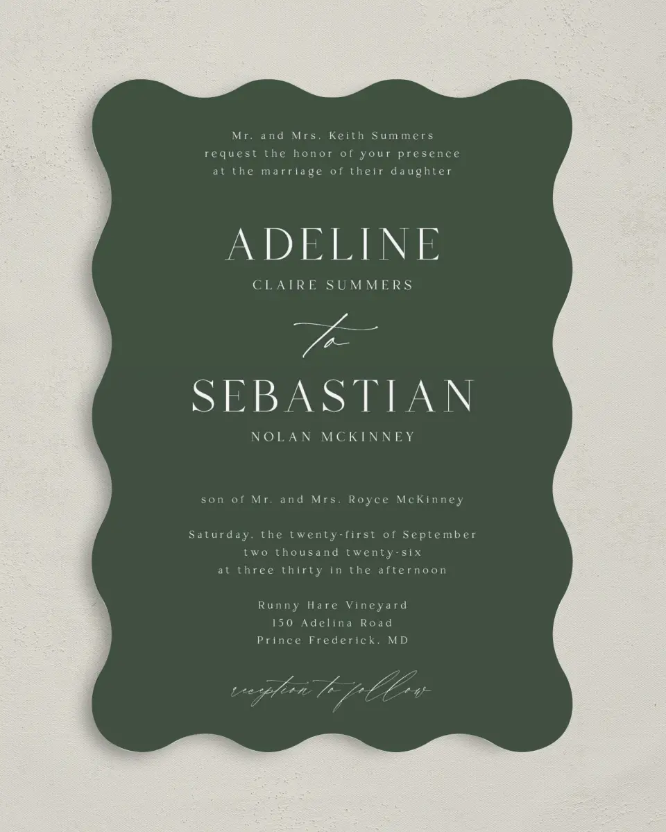 This is a 5" x 7" Wavy Wedding Invitation called True Tradition printed in full color on Premium Smooth paper