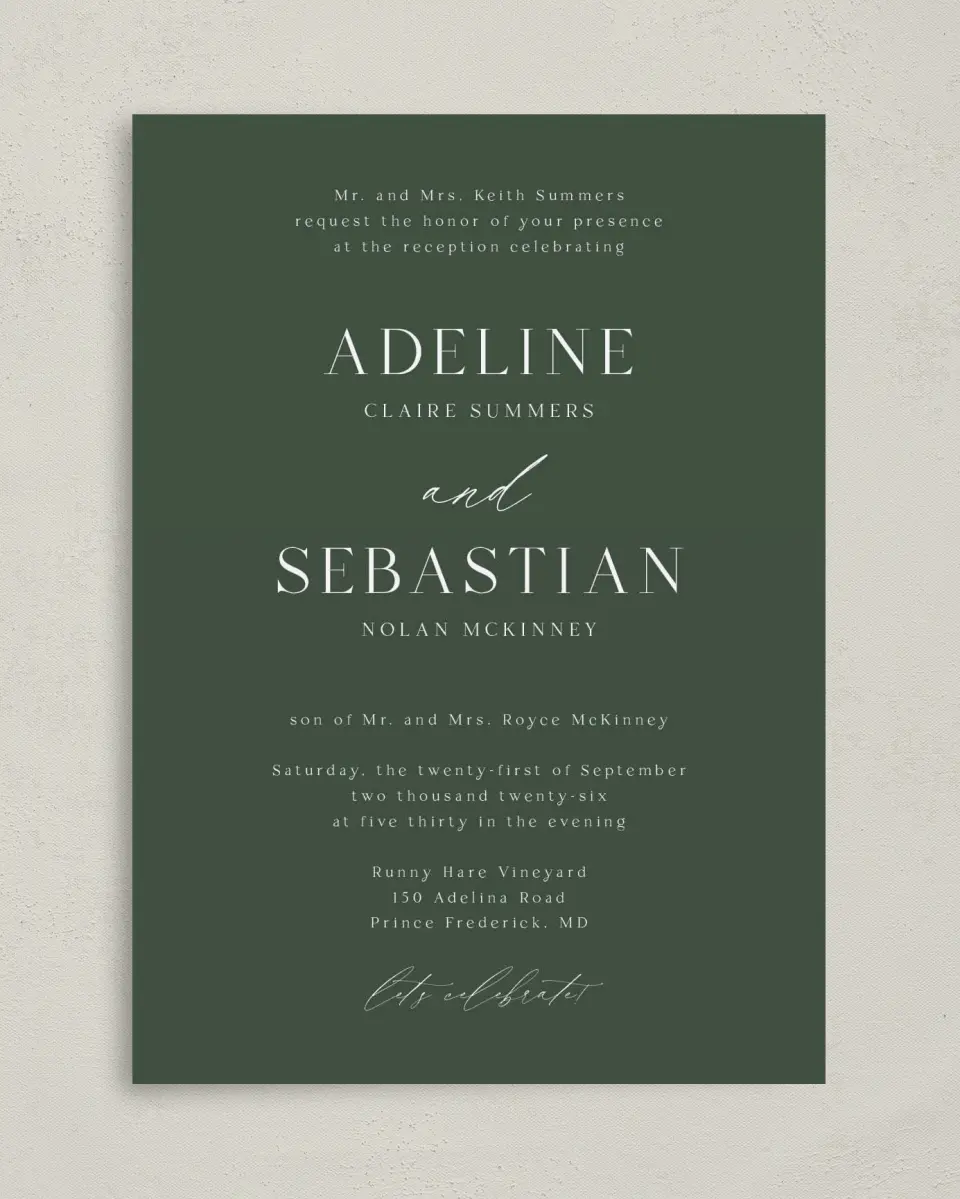 This is a 5" x 7" Reception-Only - CP called True Tradition printed in full color on Premium Smooth paper