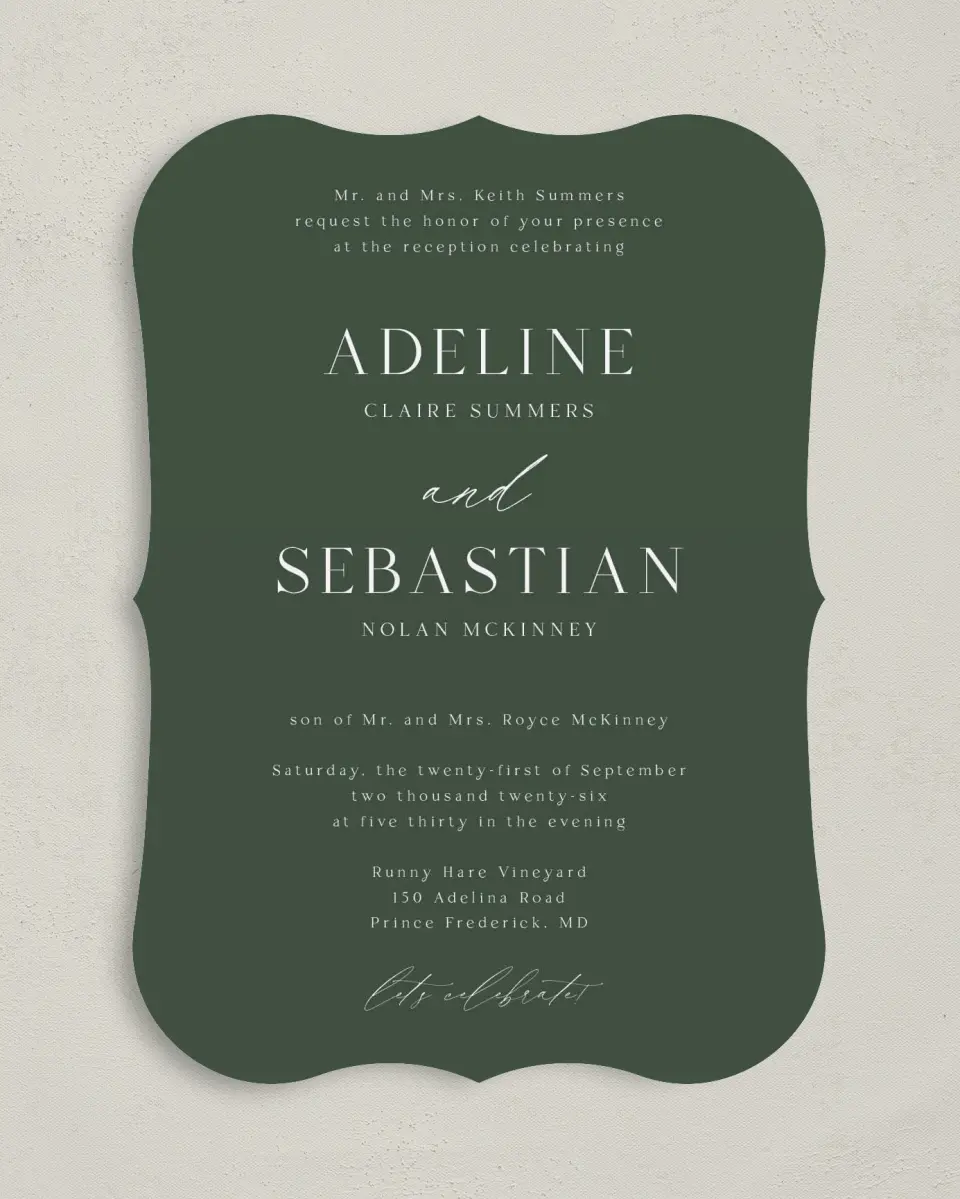 This is a 5" x 7" Reception-Only - CP called True Tradition printed in full color with Silver foil on Luxe Satin (coated) paper