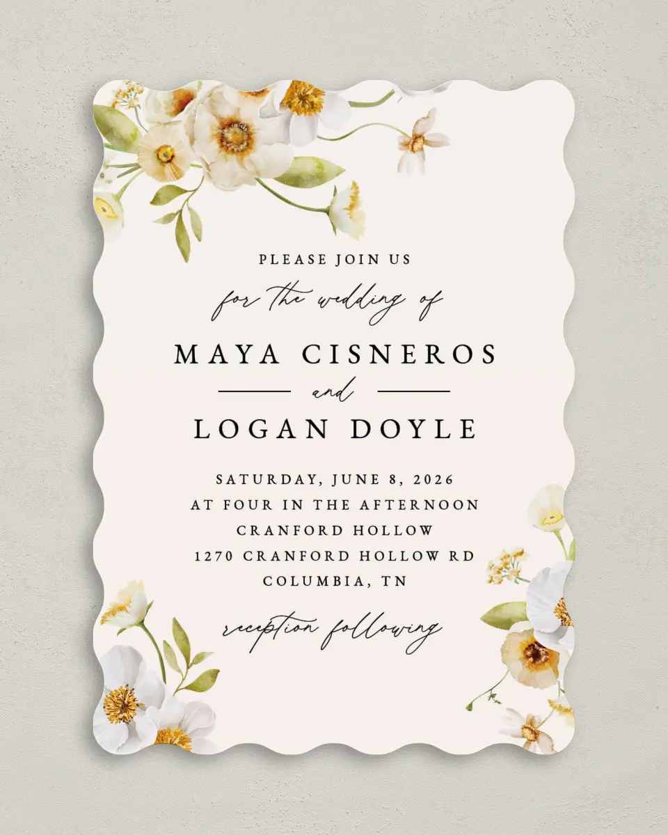 This is a 5" x 7" Wavy Wedding Invitation called Charming Cosmos printed in full color on Premium Smooth paper