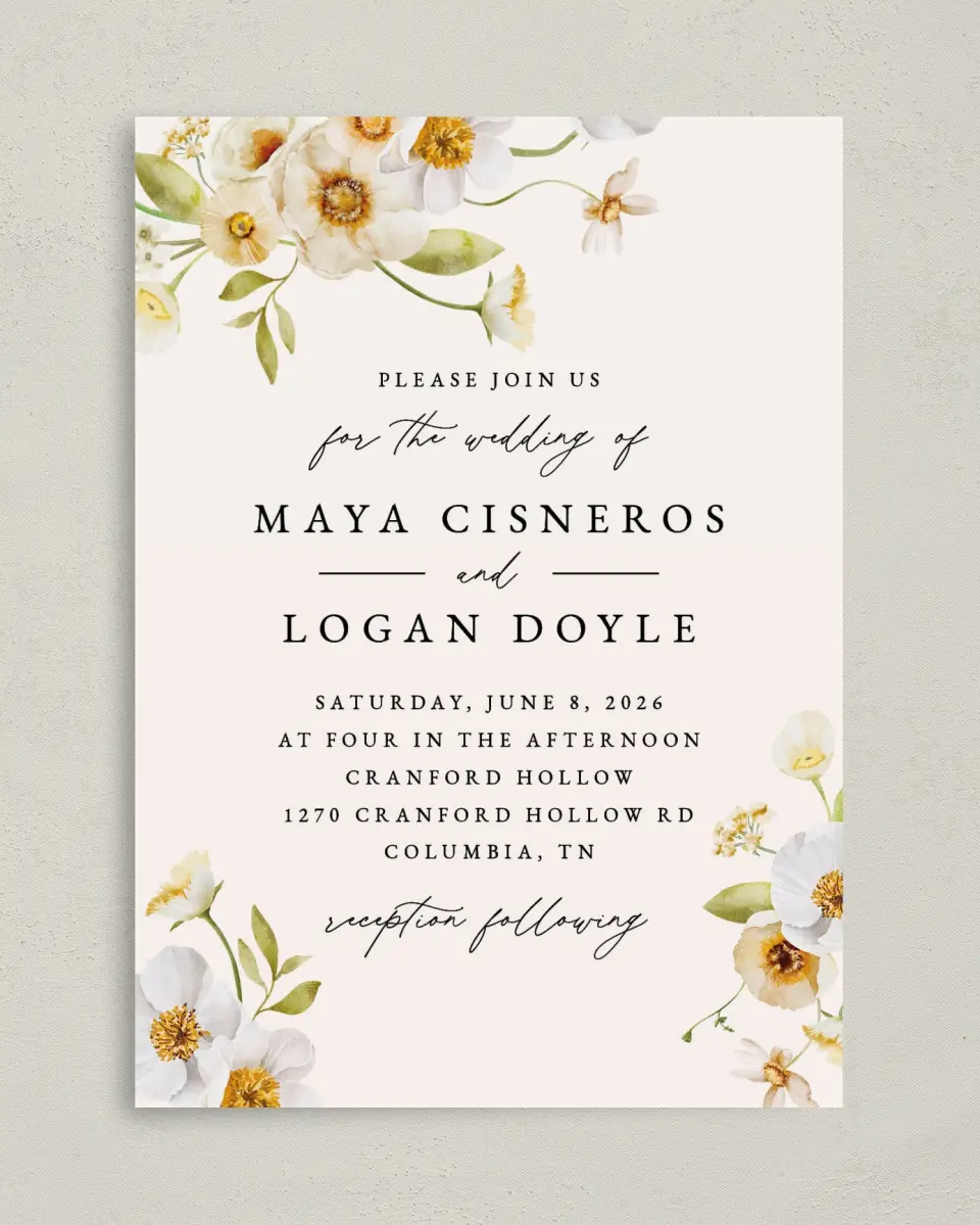 This is a 5" x 7" Classic Wedding Invitation called Charming Cosmos printed in full color on Premium Smooth paper