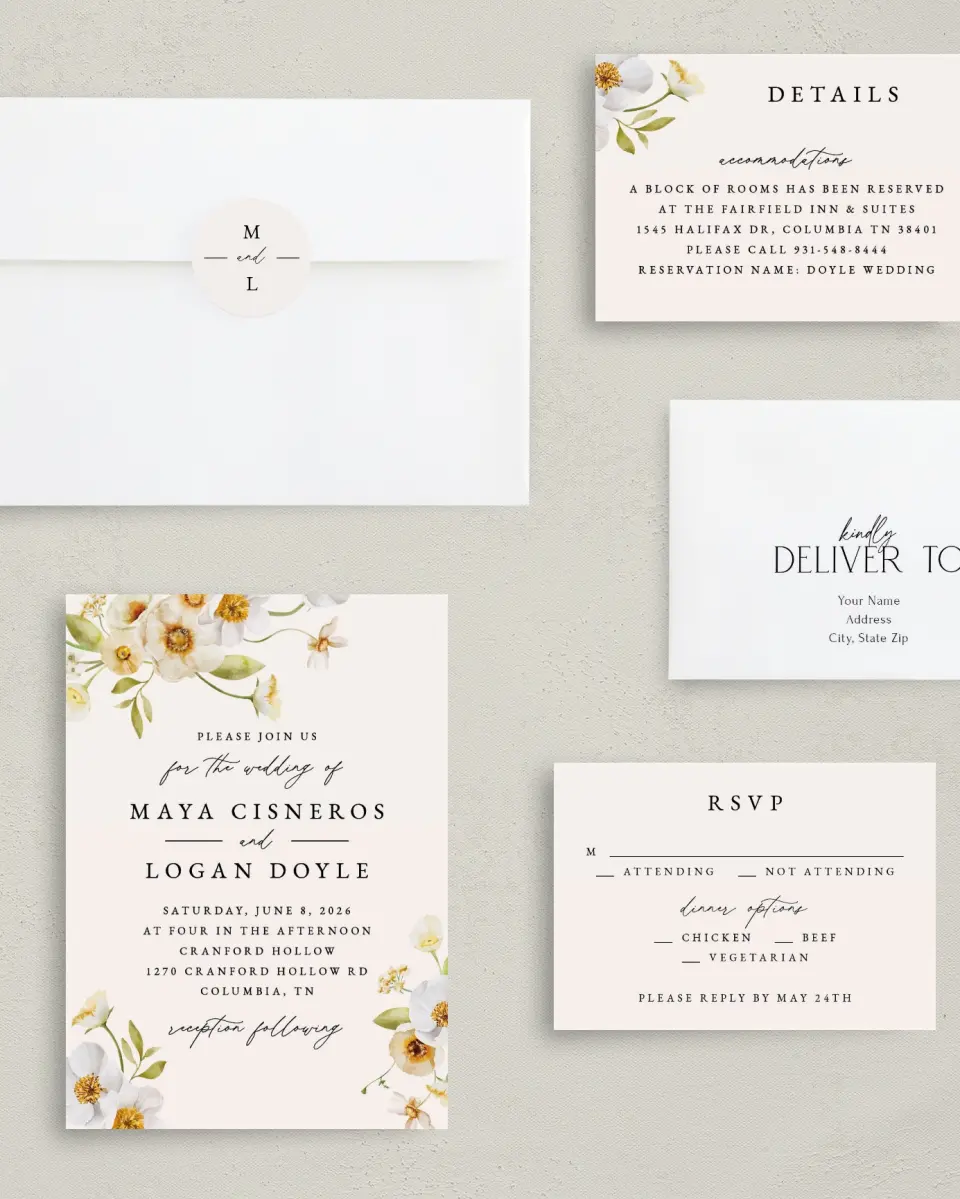 This is a 5" x 7" Classic Wedding Invitation called Charming Cosmos printed in full color with Rose Gold foil on Luxe Satin (coated) paper