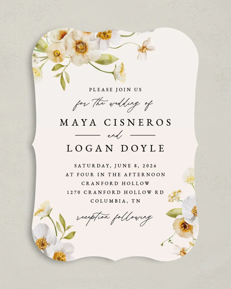 This is a 5" x 7" Bracket Wedding Invitation called Charming Cosmos printed in full color with Silver foil on Luxe Satin (coated) paper