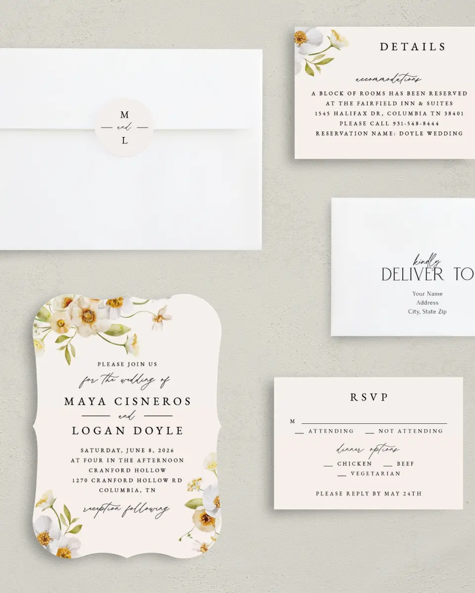 This is a 5" x 7" Bracket Wedding Invitation called Charming Cosmos printed in full color with Silver foil on Luxe Satin (coated) paper