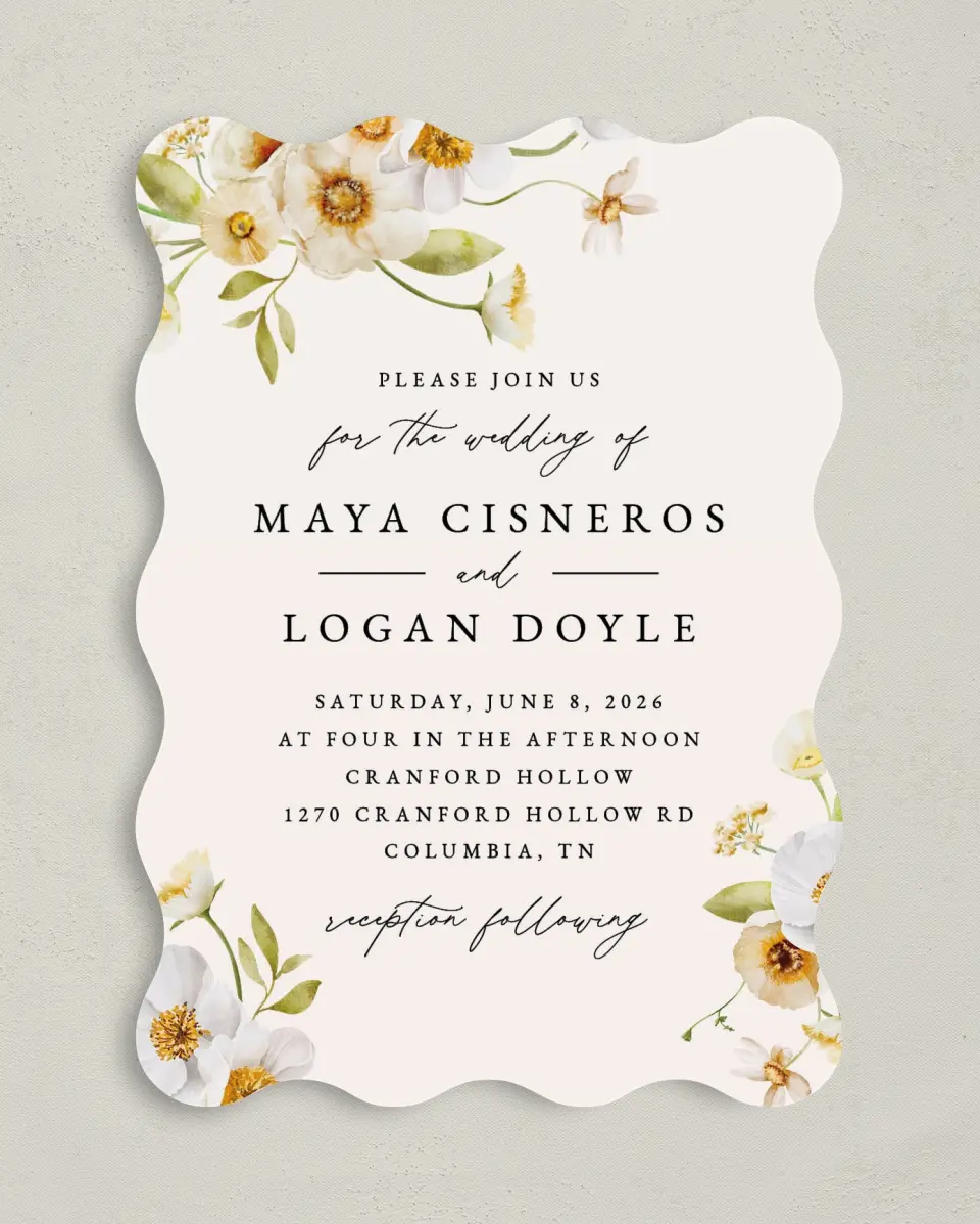This is a 5" x 7" Wavy Wedding Invitation called Charming Cosmos printed in full color on Premium Smooth paper
