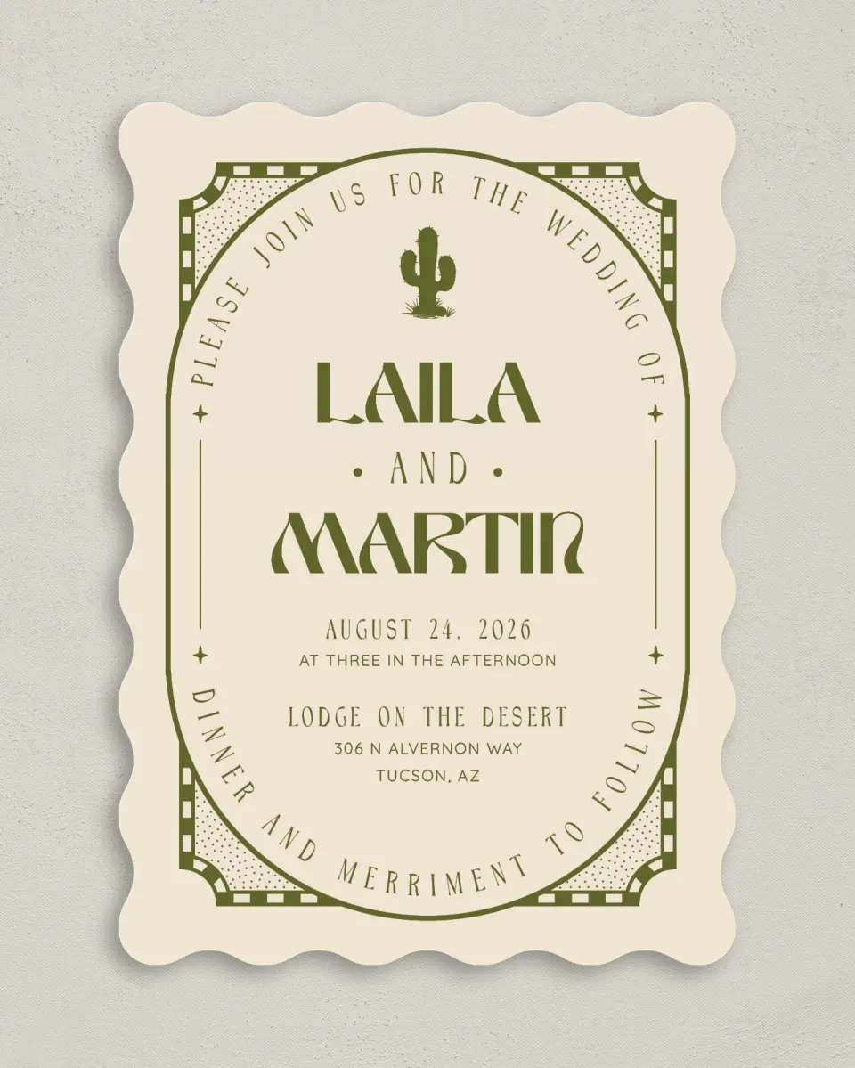 This is a 5" x 7" Wavy Wedding Invitation called Desert Funk printed in full color on Premium Smooth paper