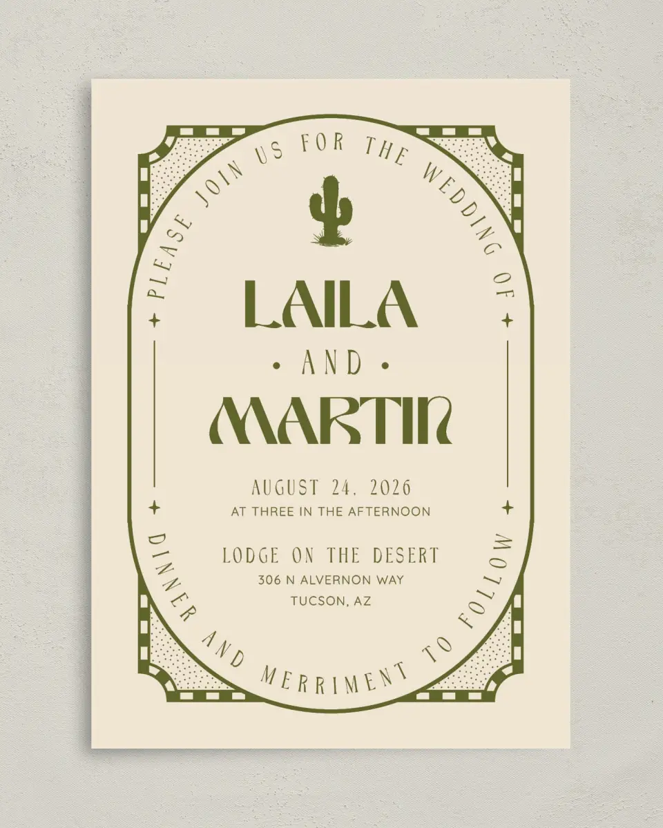 This is a 5" x 7" Classic Wedding Invitation called Desert Funk printed in full color on Premium Smooth paper