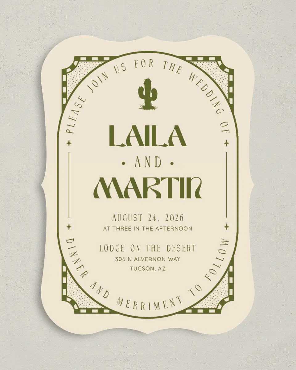 This is a 5" x 7" Bracket Wedding Invitation called Desert Funk printed in full color on Premium Smooth paper
